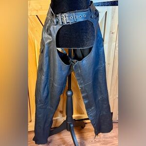 Vtg Hein Gericke Black Leather Motorcycle Chaps With Pockets Adjustable Belt XL?